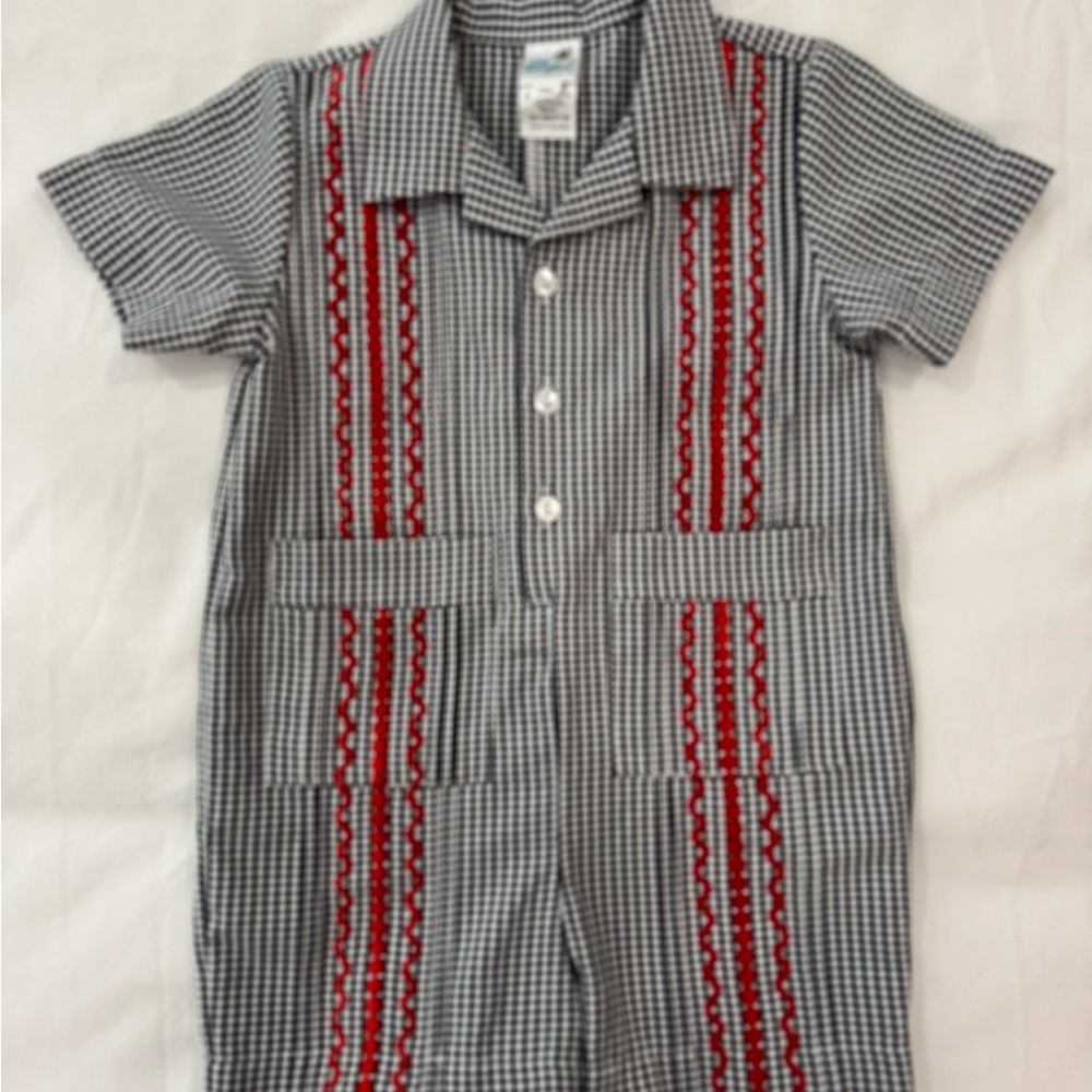 Six Honeybees Checkered Romper with Red Trim